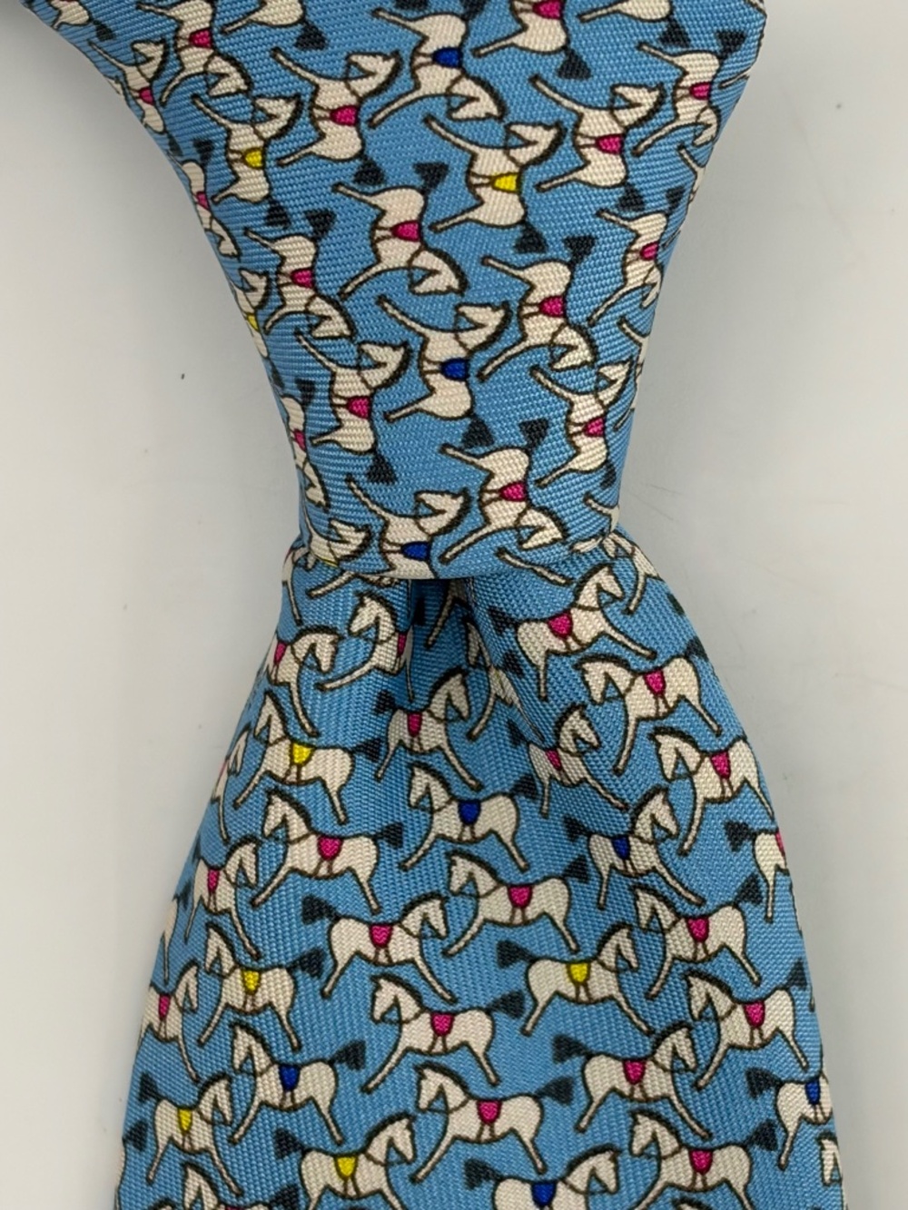 Hermès Paris Silk Tie Blue Horse Equestrian Novelty Print 5573 MA Made France